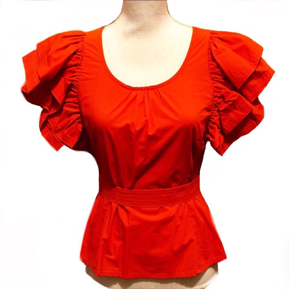 Sz S Orange Ruffle Sleeve Sash Top